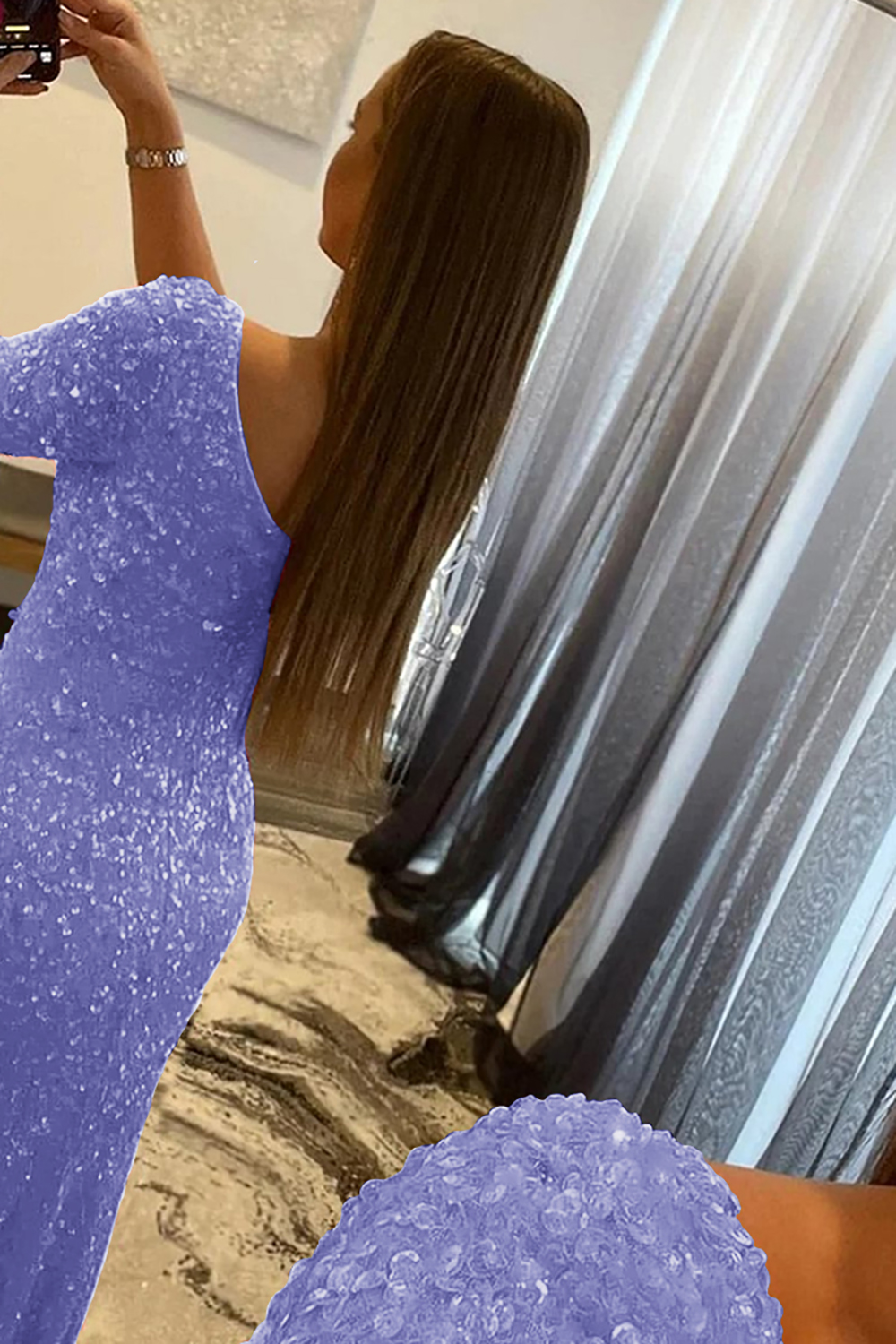 Mermaid Glitter One-Shoulder Single Sleeve Prom Dress With Sequins