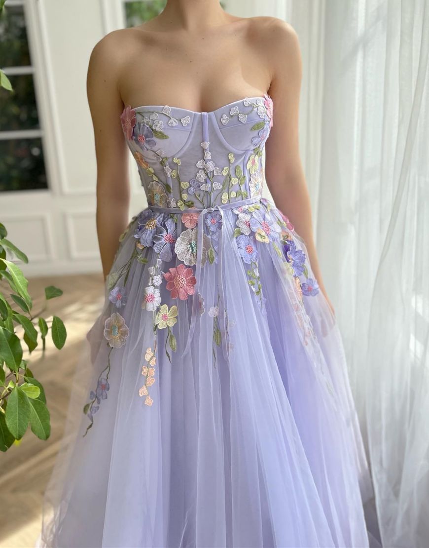 Lavender Strapless A-Line Tulle Party Dress With 3D Flowers