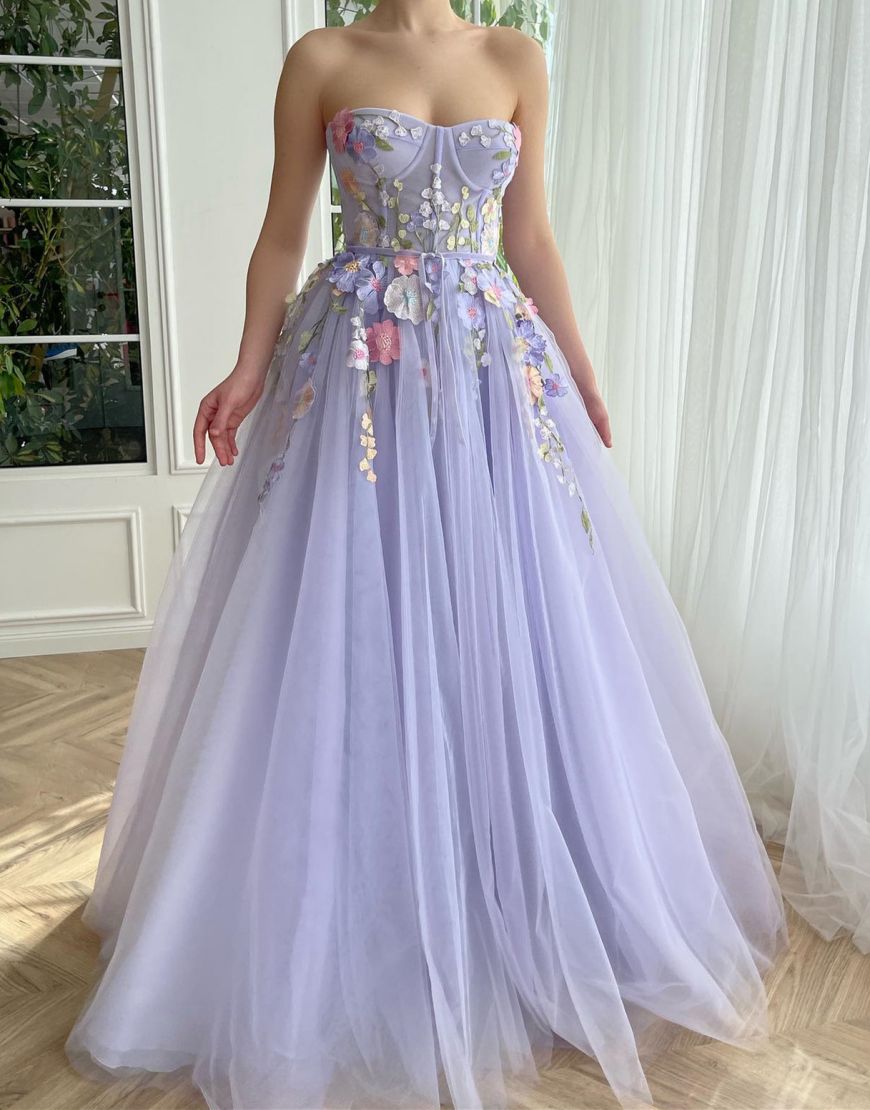 Lavender Strapless A-Line Tulle Party Dress With 3D Flowers