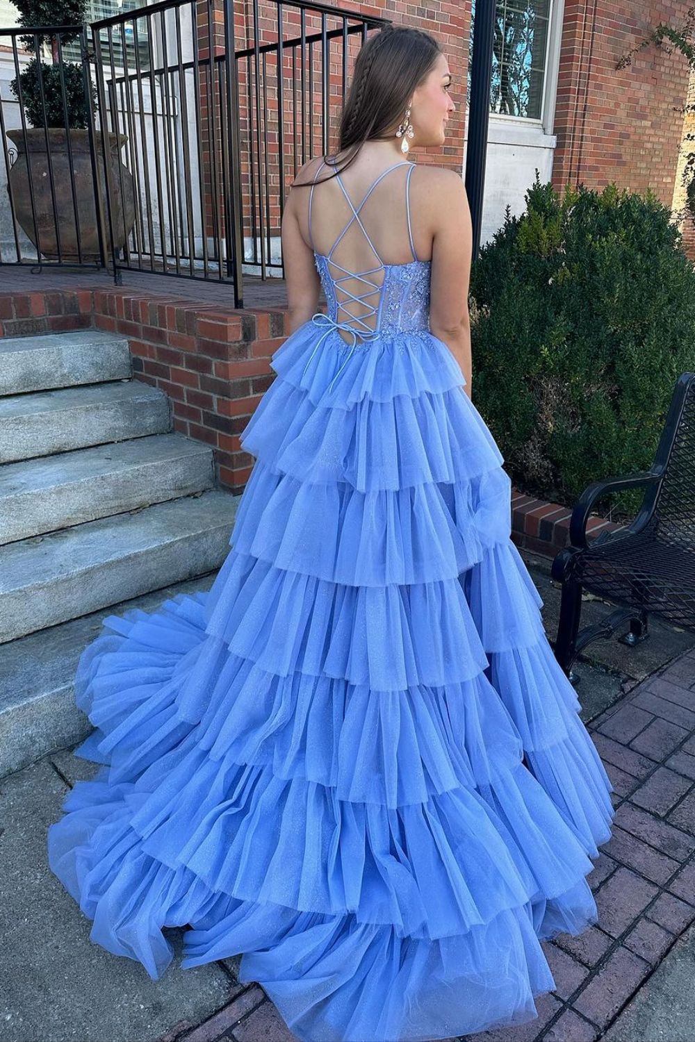 Light Blue A-Line Spaghetti Straps Lace Up Long Tiered Tulle Prom Dress