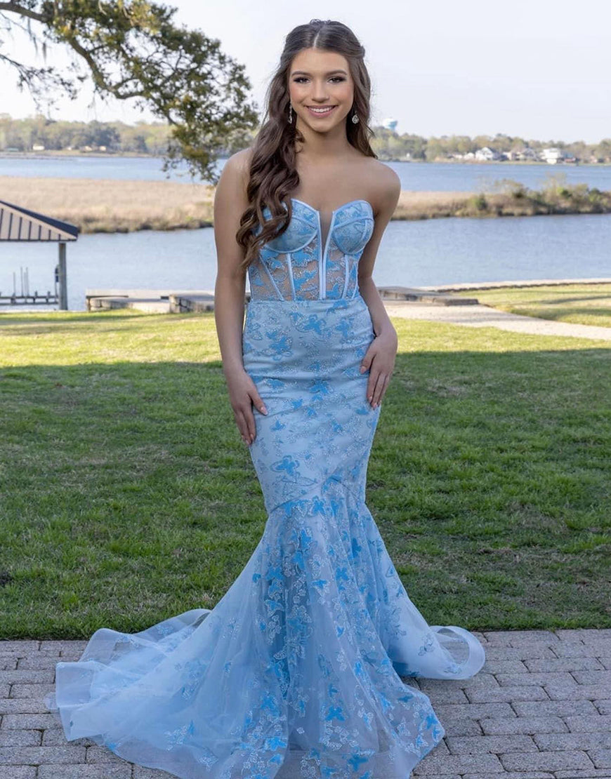 Light Blue Gougeous Strapless Long Prom Dress With Appliques