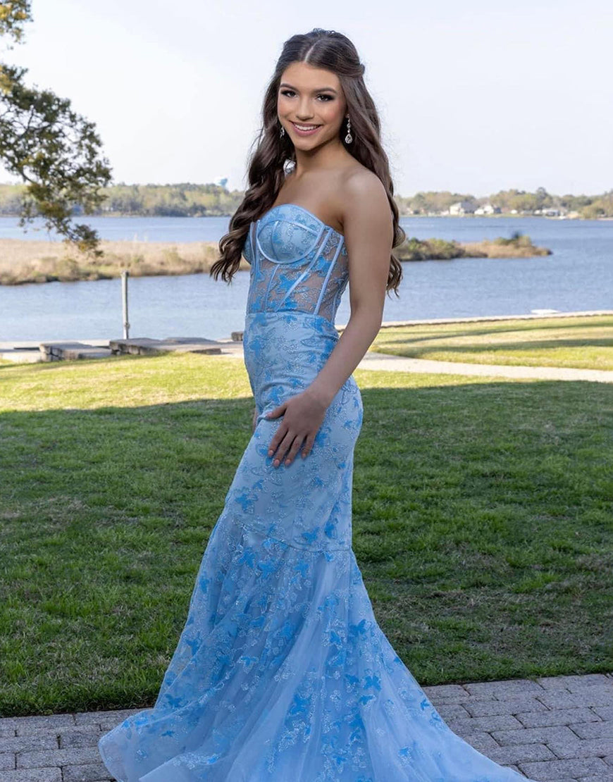 Light Blue Gougeous Strapless Long Prom Dress With Appliques