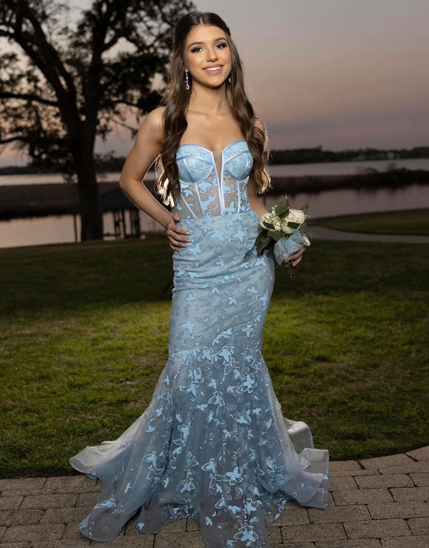 Light Blue Gougeous Strapless Long Prom Dress With Appliques