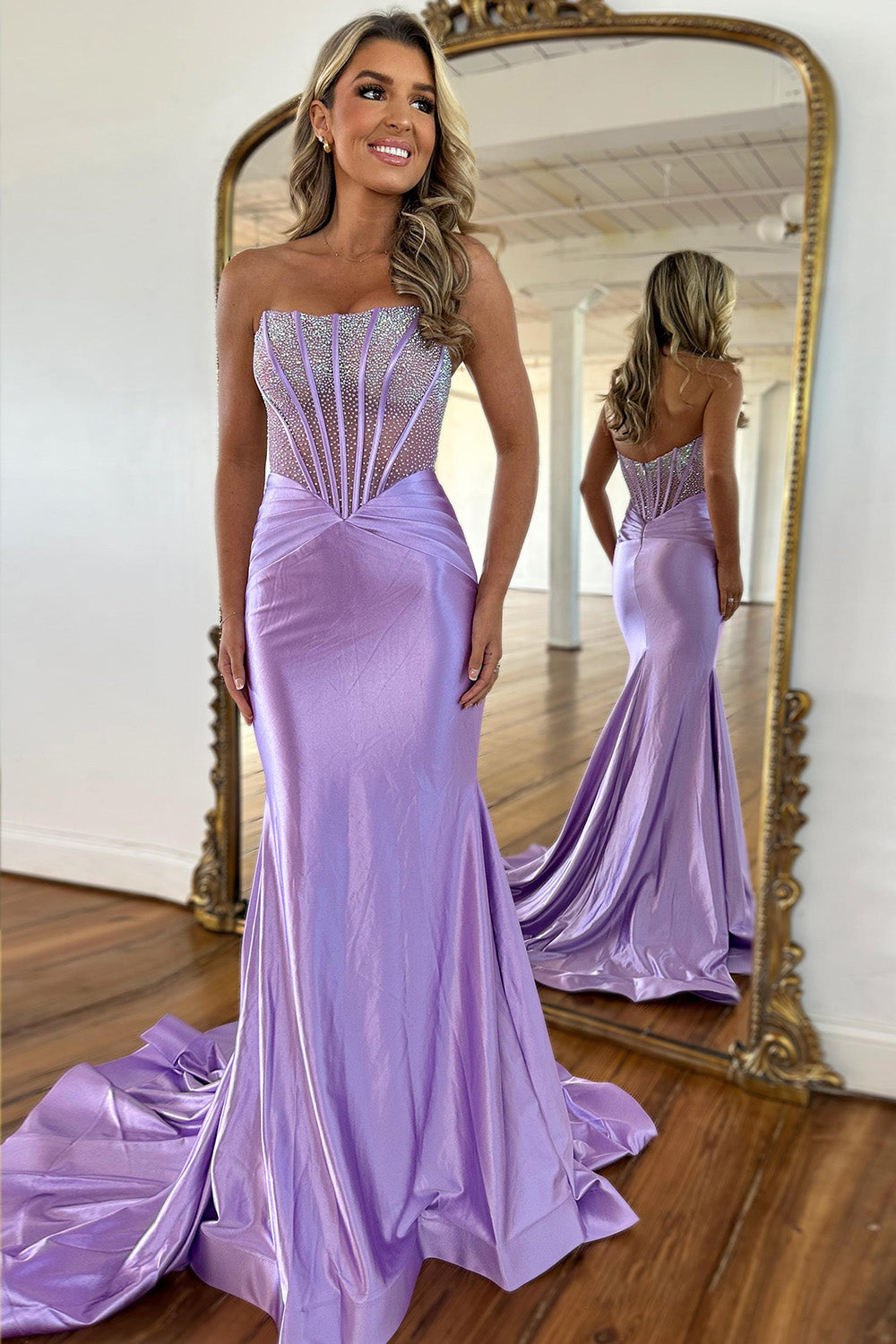 Lilac Mermaid Strapsless Beaded Top Long Satin Prom Party Dress