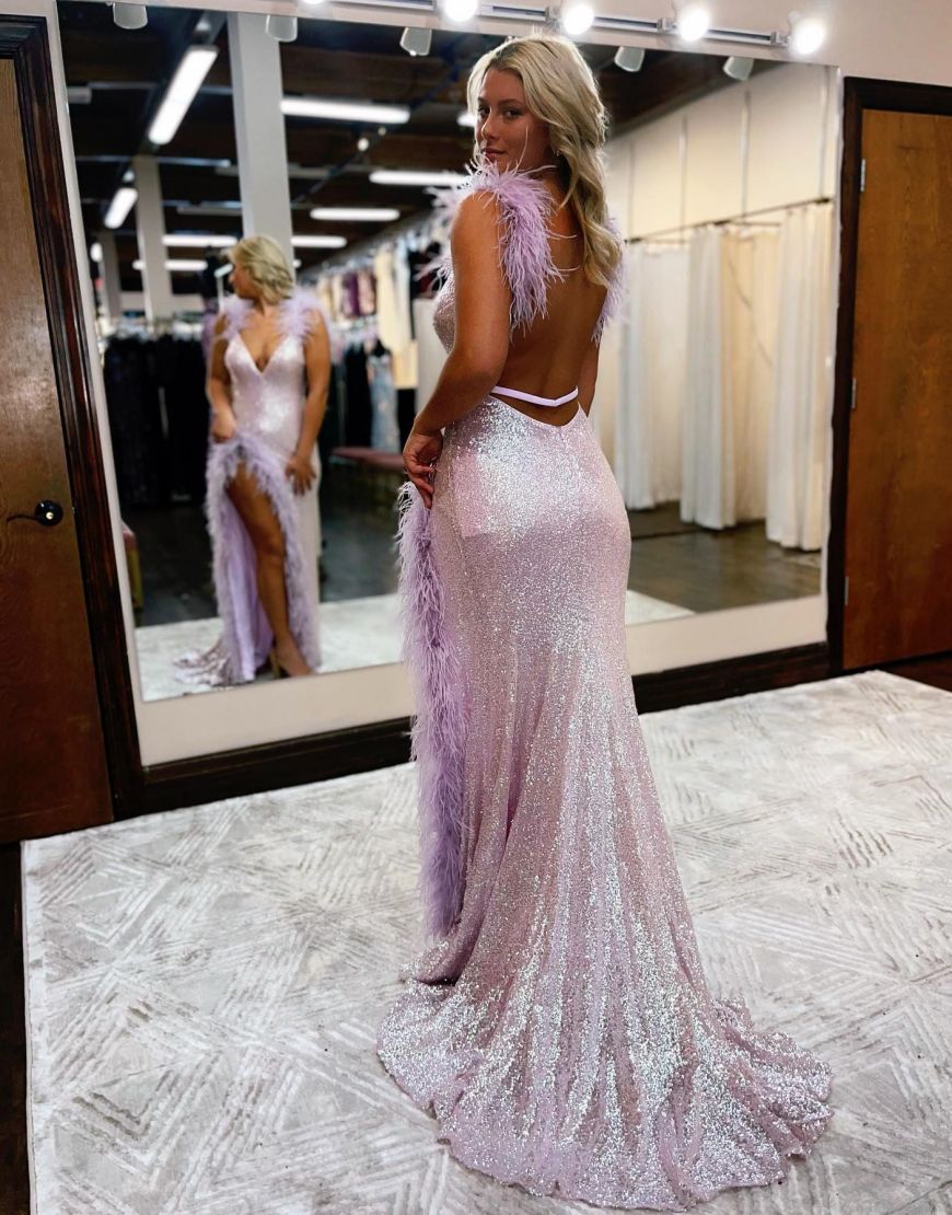 Lilac V-Neck Open Back Long Sequin Prom Dress With Feather