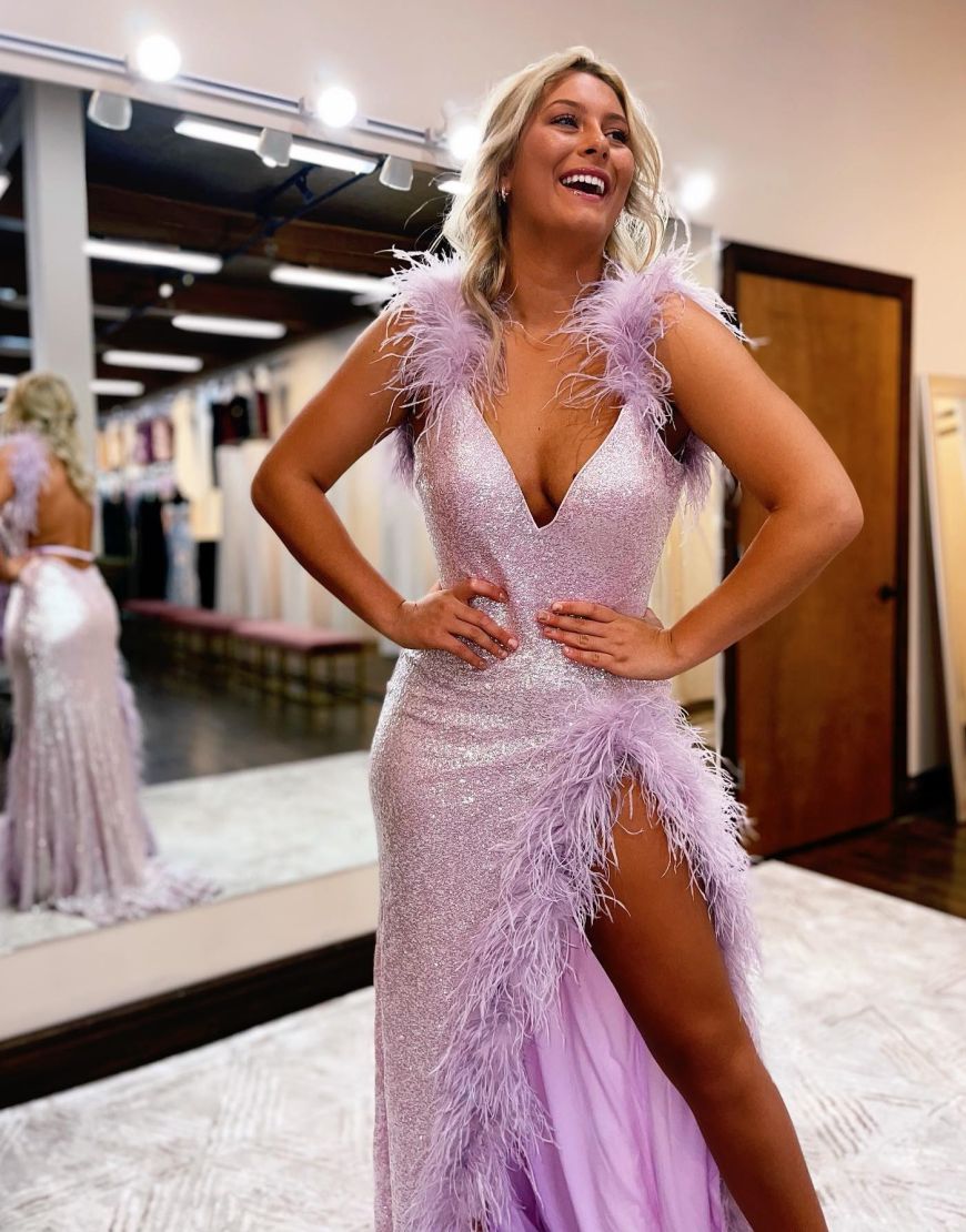 Lilac V-Neck Open Back Long Sequin Prom Dress With Feather