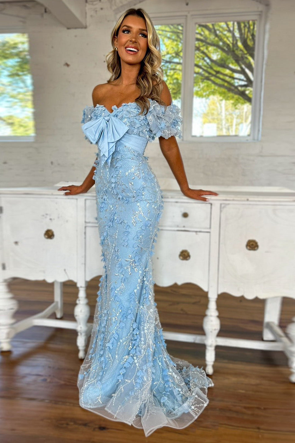 Lovely Light Blue Mermaid Off The Shoulder Long Glitter Prom Party Dress