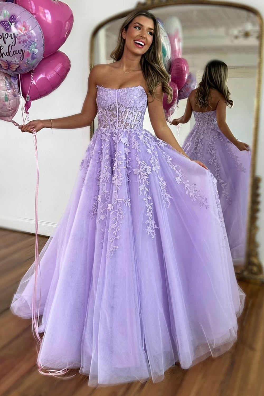 Lovely Lilac A-Line Strapless Long Tulle Prom Dress with Appliques