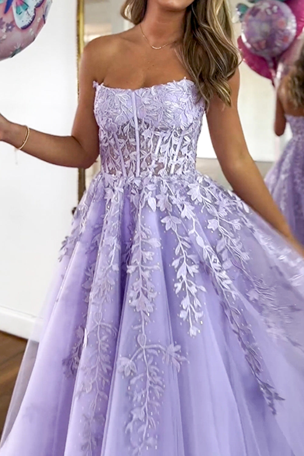 Lovely Lilac A-Line Strapless Long Tulle Prom Dress with Appliques