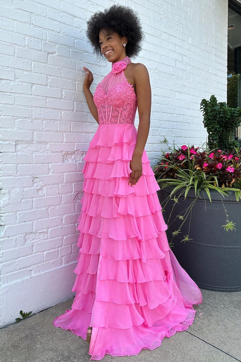 Lovely Long Pink A-Line Halter Zipper Tiered Prom Dress With Flower