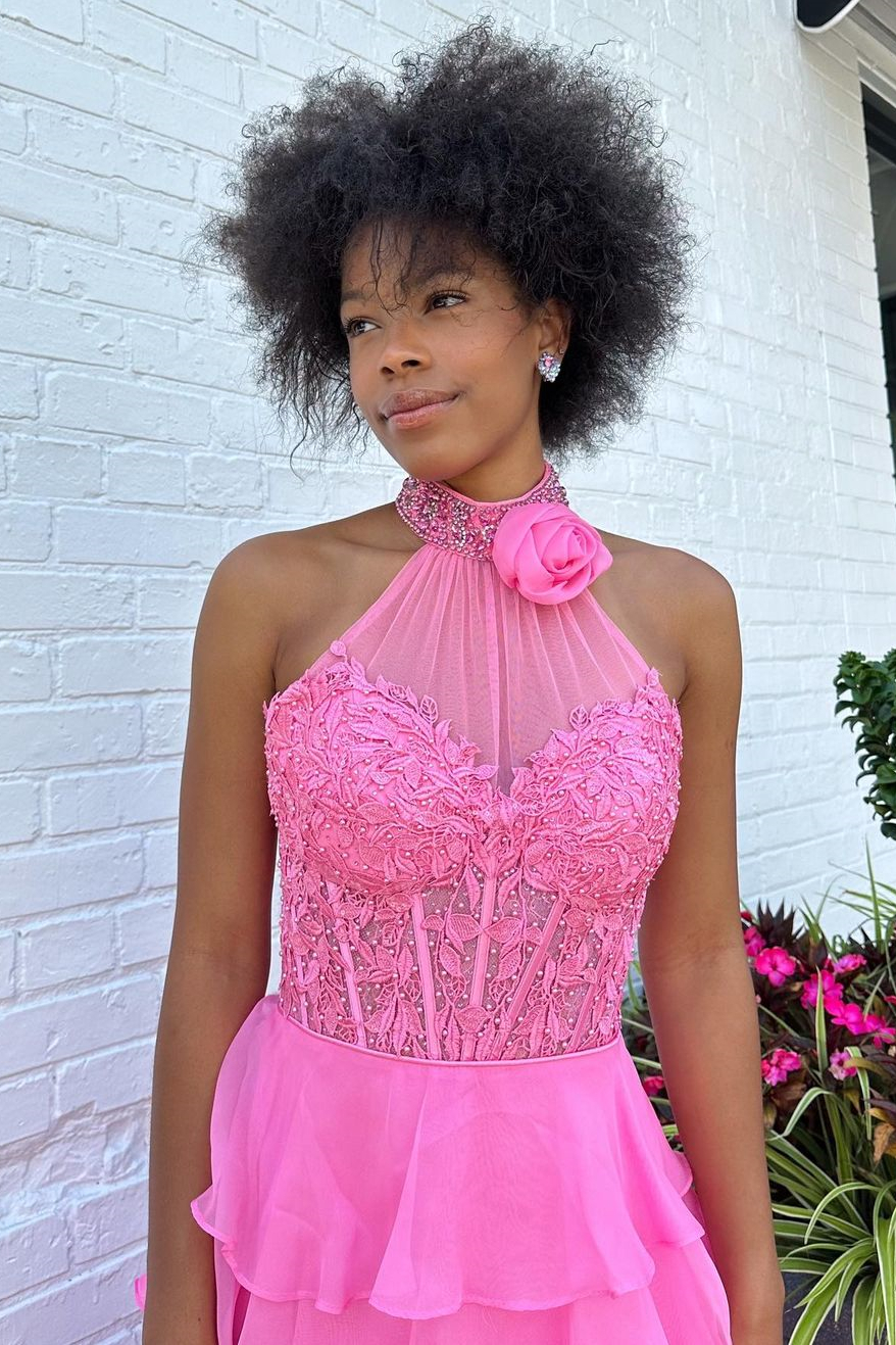 Lovely Long Pink A-Line Halter Zipper Tiered Prom Dress With Flower