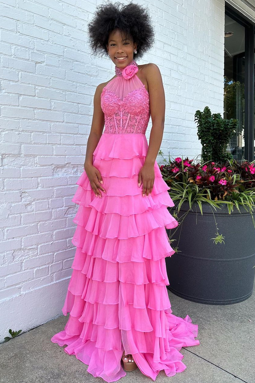 Lovely Long Pink A-Line Halter Zipper Tiered Prom Dress With Flower