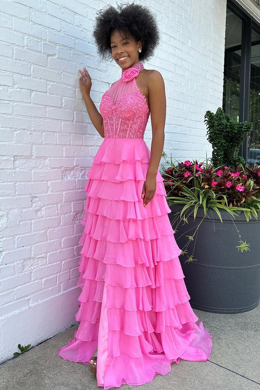 Lovely Long Pink A-Line Halter Zipper Tiered Prom Dress With Flower