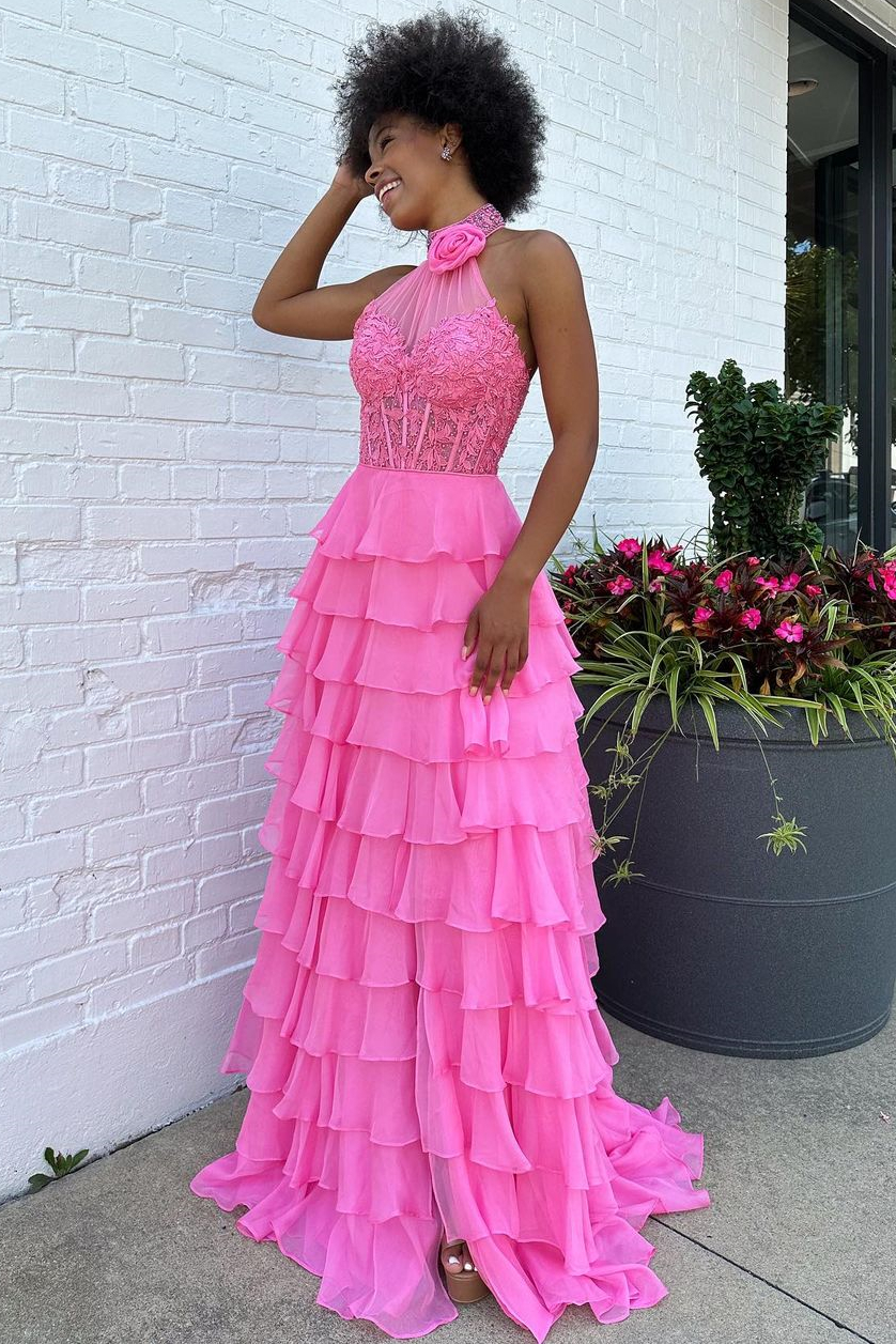 Lovely Long Pink A-Line Halter Zipper Tiered Prom Dress With Flower