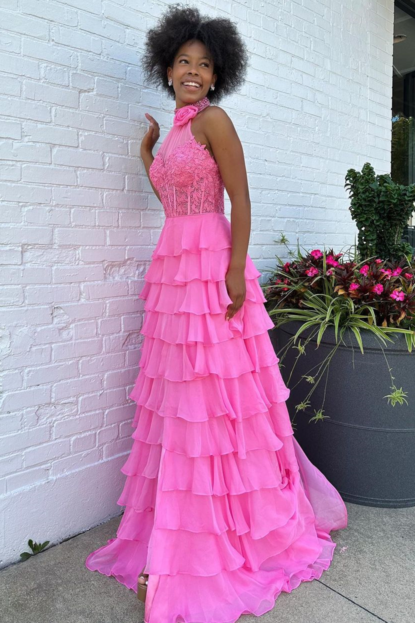 Lovely Long Pink A-Line Halter Zipper Tiered Prom Dress With Flower