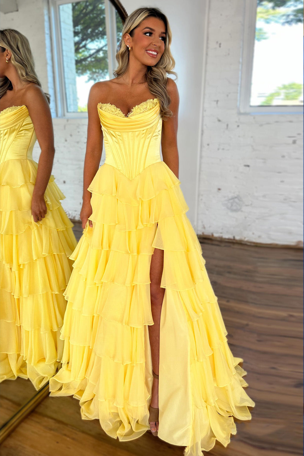 Lovely Yellow A-Line Sweetheart Long Tiered Prom Dress with Slit