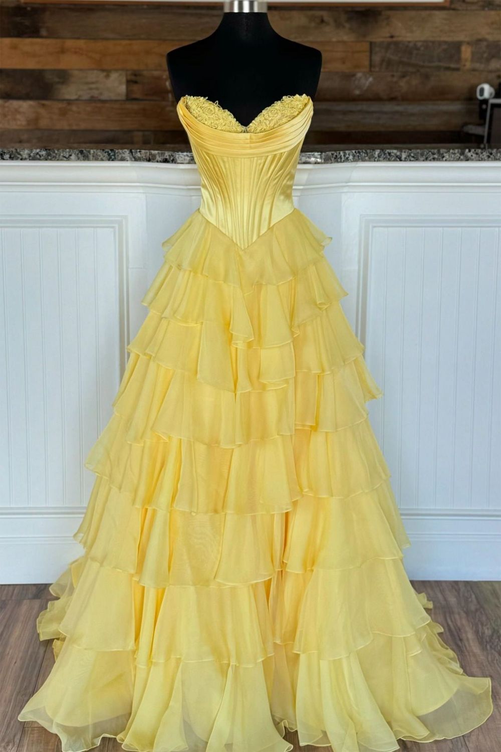 Lovely Yellow A-Line Sweetheart Long Tiered Prom Dress with Slit