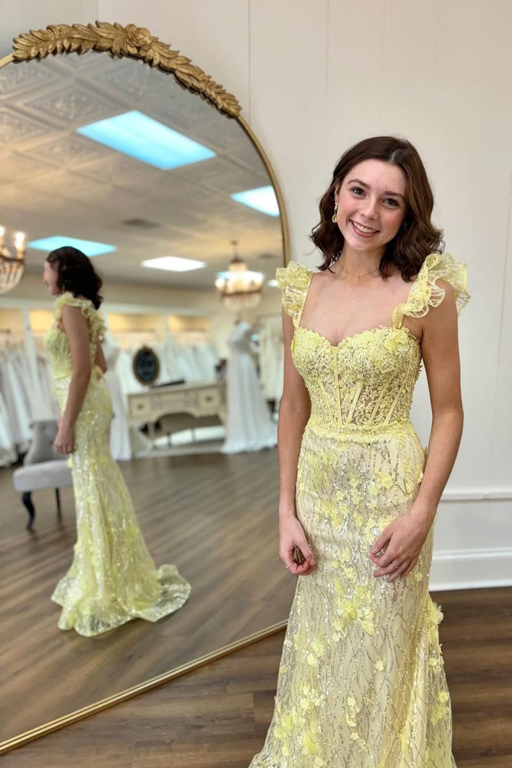 Lovely Yellow Mermaid Long Glitter Prom Party Dress with Appliques