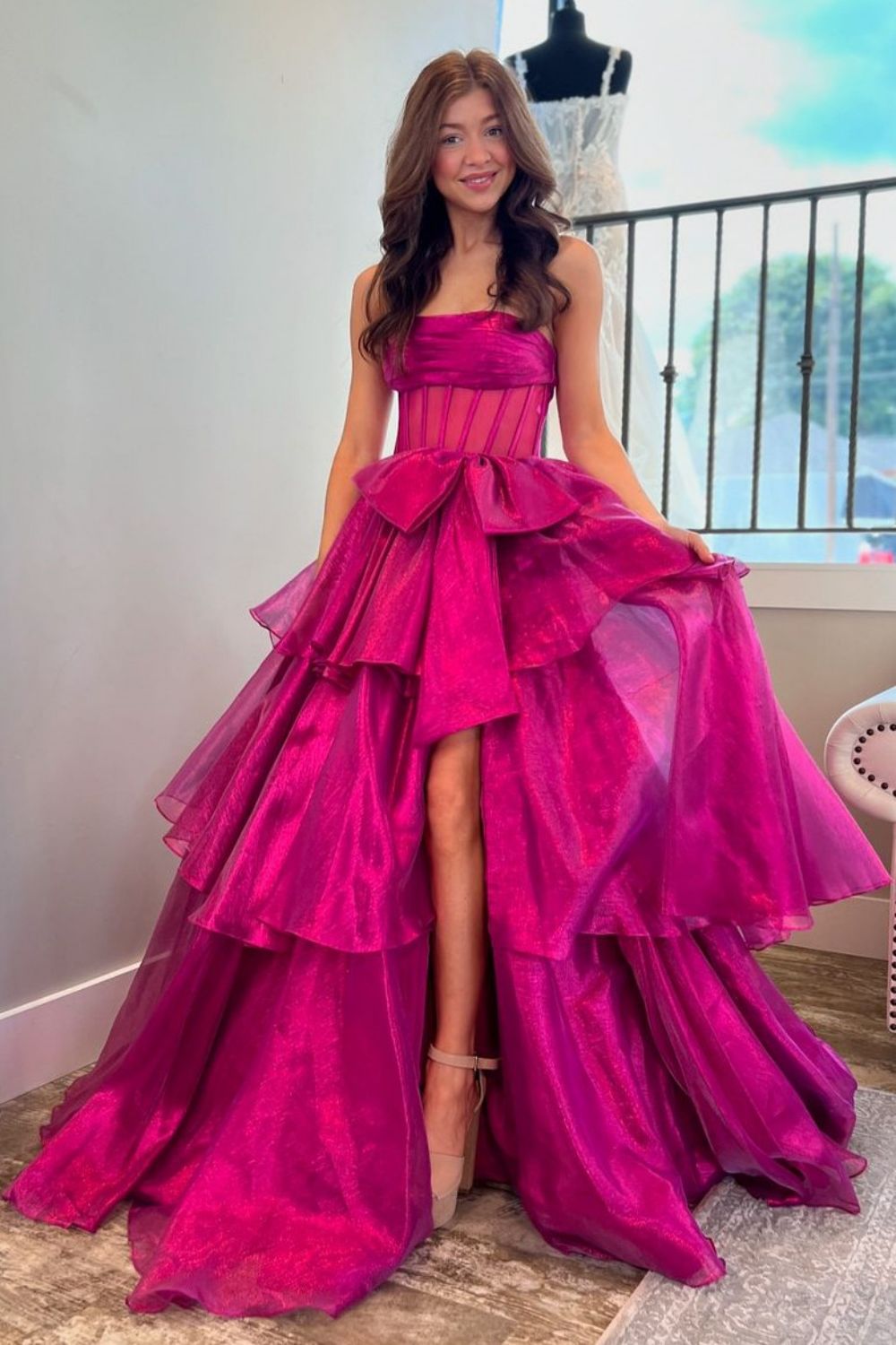Lovely A-Line Fuchsia Strapless Long Organza Prom Dress with Slit and Bowknot