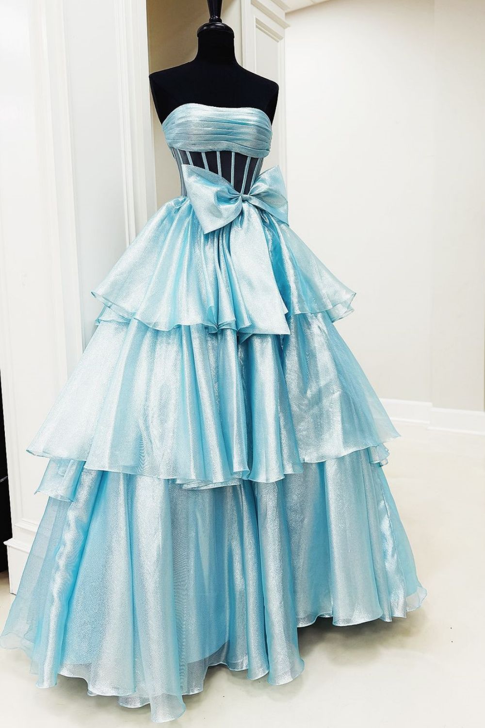 Lovely A-Line Fuchsia Strapless Long Organza Prom Dress with Slit and Bowknot