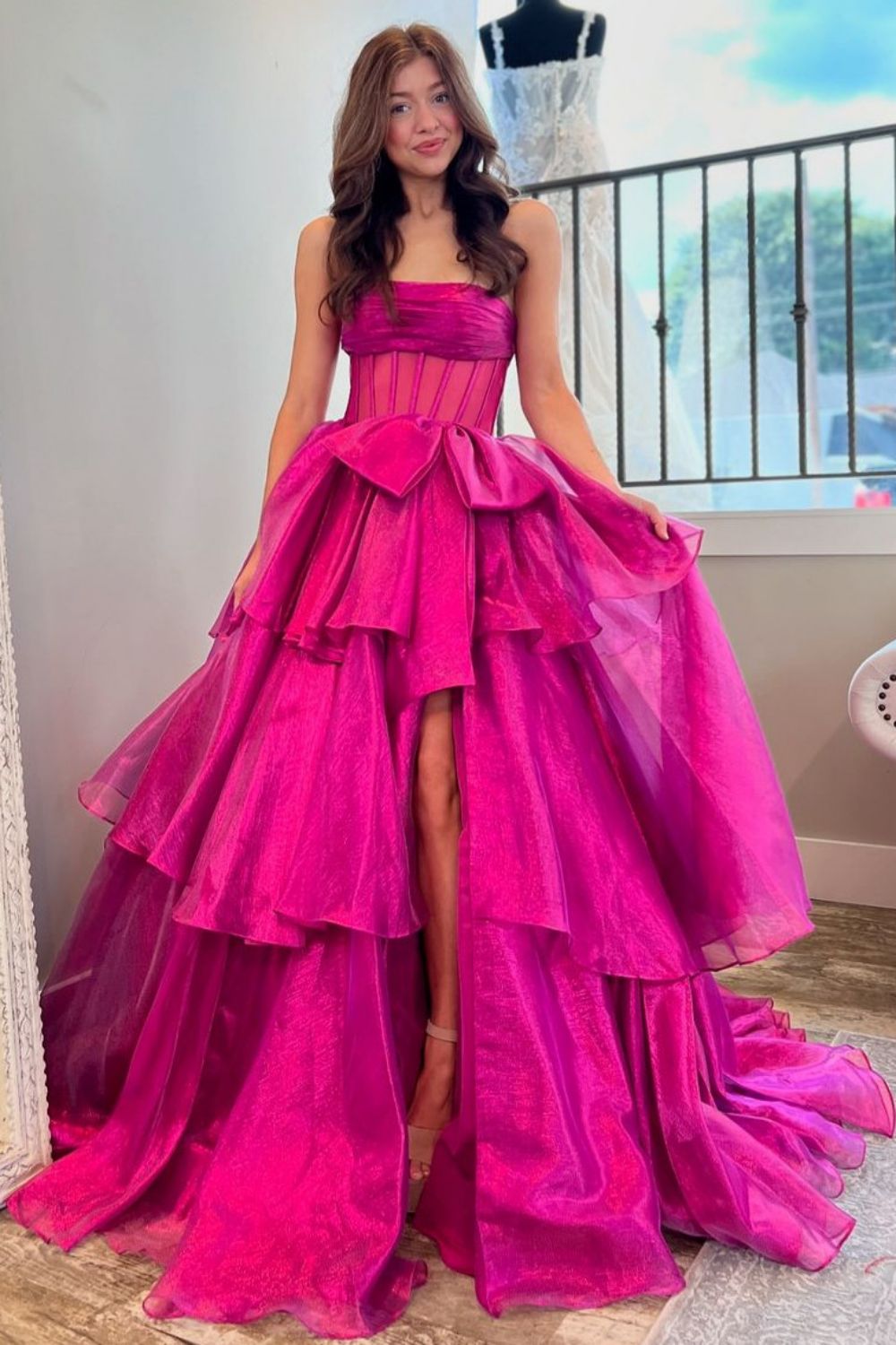 Lovely A-Line Fuchsia Strapless Long Organza Prom Dress with Slit and Bowknot