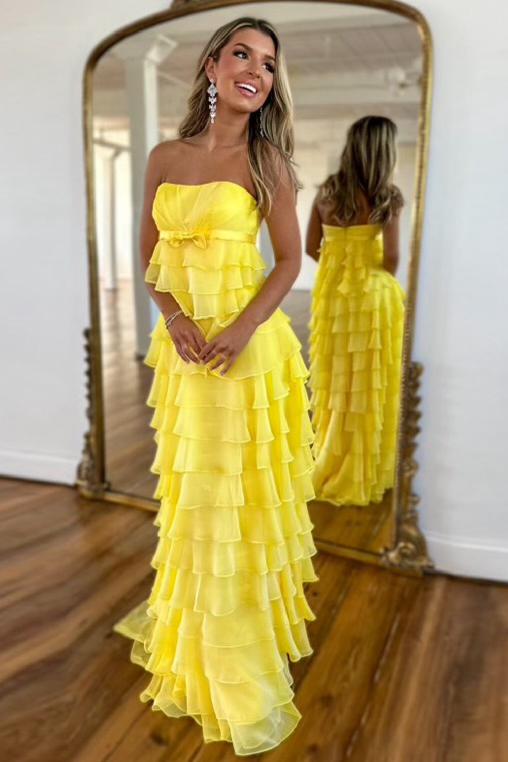 Lovely Yellow A-Line Strapless Zipper Back Long Tiered Prom Dress