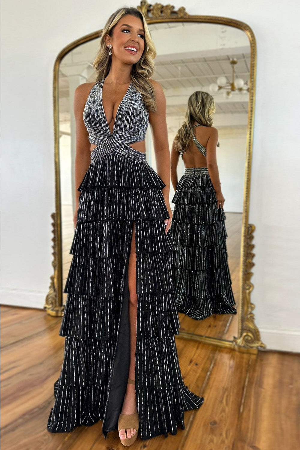 Luxurious Sparkly Mermaid Halter Long Tiered Beaded Prom Dress with High Slit