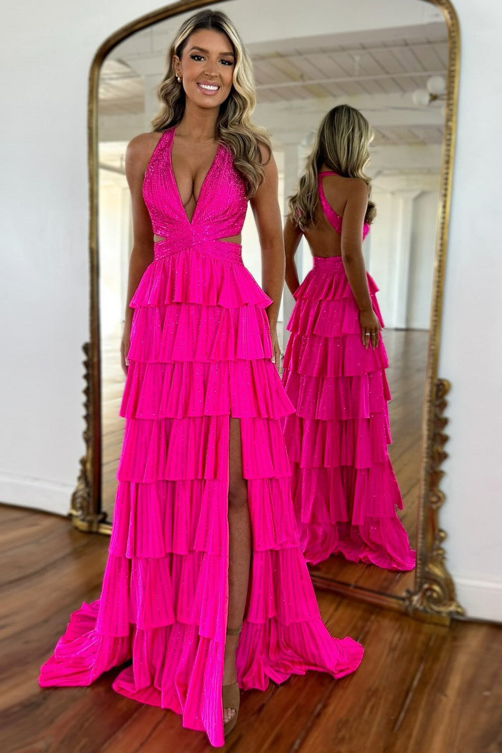 Luxurious Sparkly Mermaid Halter Long Tiered Beaded Prom Dress with High Slit