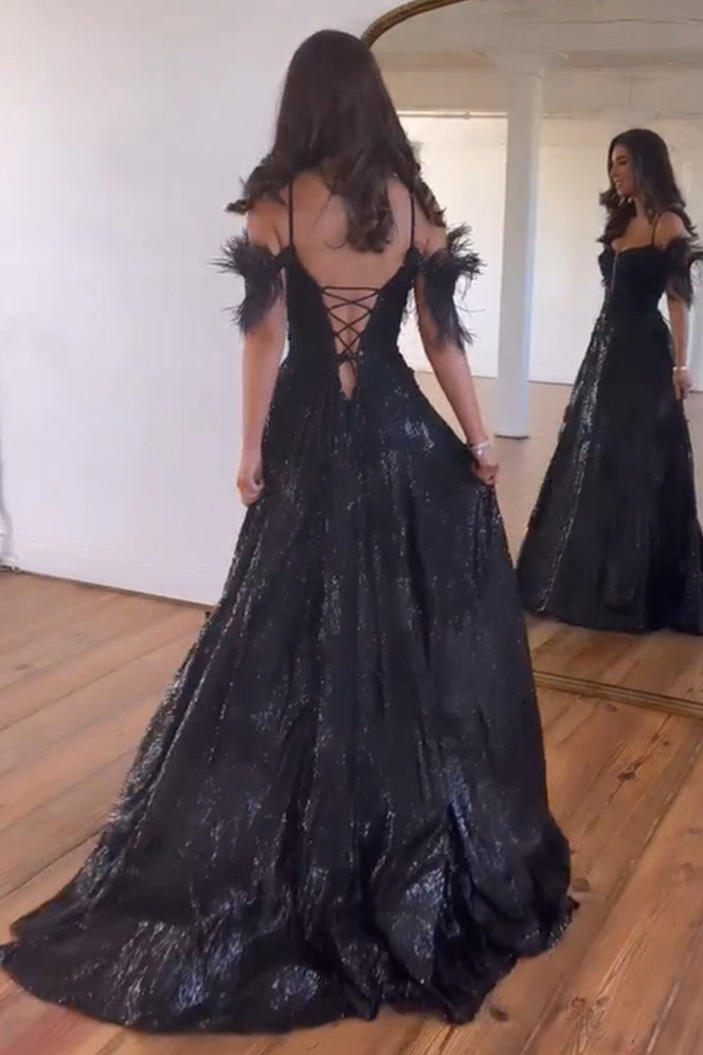 Luxurious Glitter A-Line Off The Shoulder Lace Up Prom Dress With Split