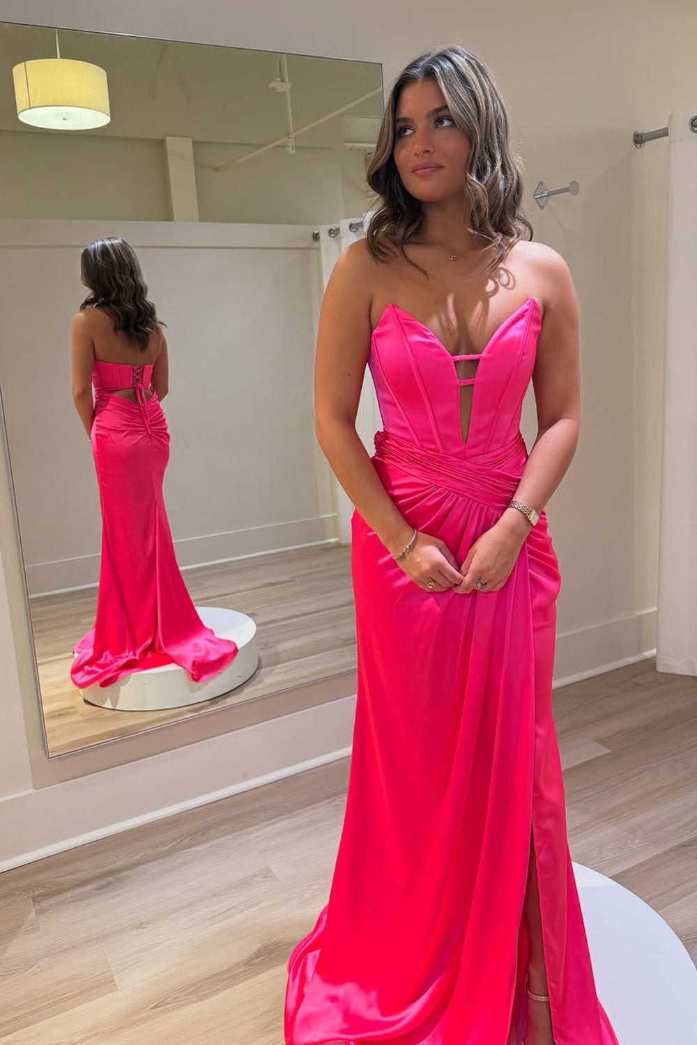 Mermaid Hot Pink Satin V-Neck Prom Dresses