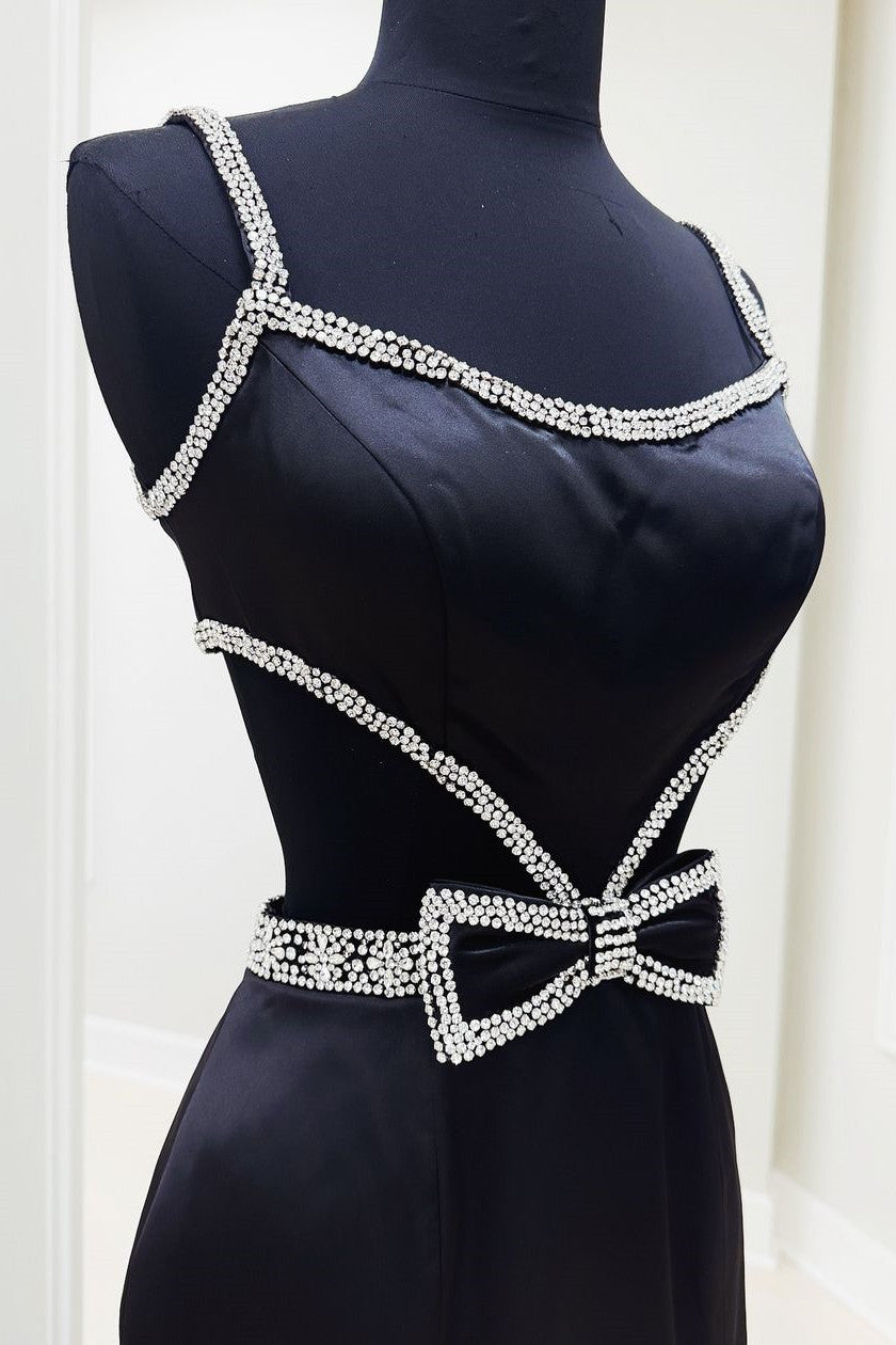 Mermaid Spaghetti Straps Cutout Waist Long Satin Prom Dress With Beading