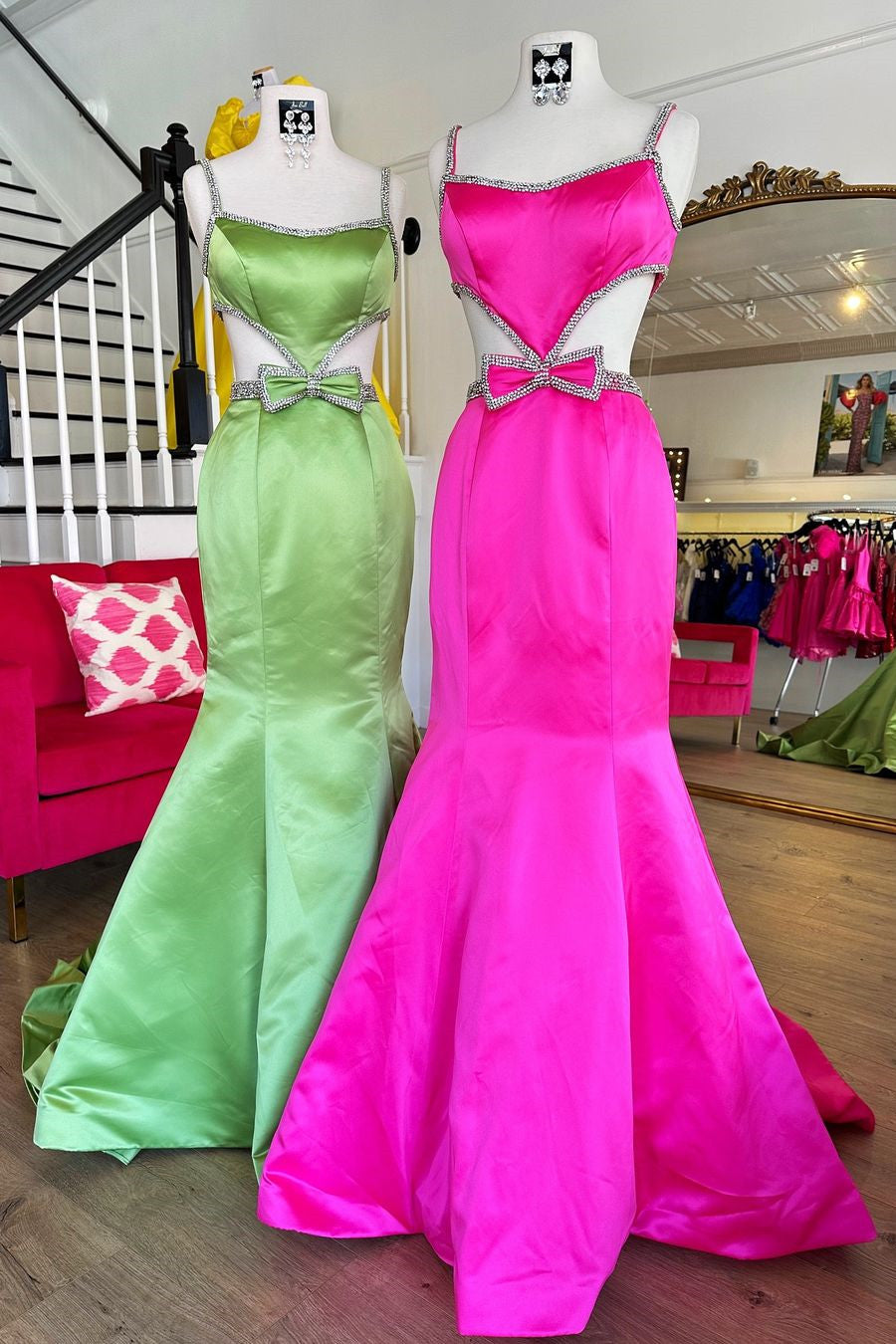 Mermaid Spaghetti Straps Cutout Waist Long Satin Prom Dress With Beading