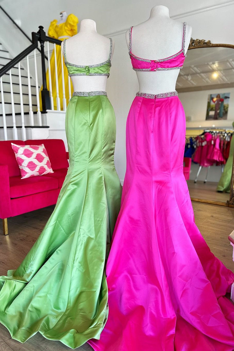 Mermaid Spaghetti Straps Cutout Waist Long Satin Prom Dress With Beading