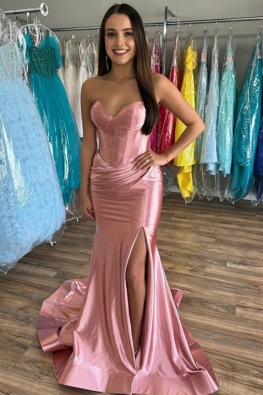Gold Mermaid Sweetheart Long Metallic Prom Dress With Slit