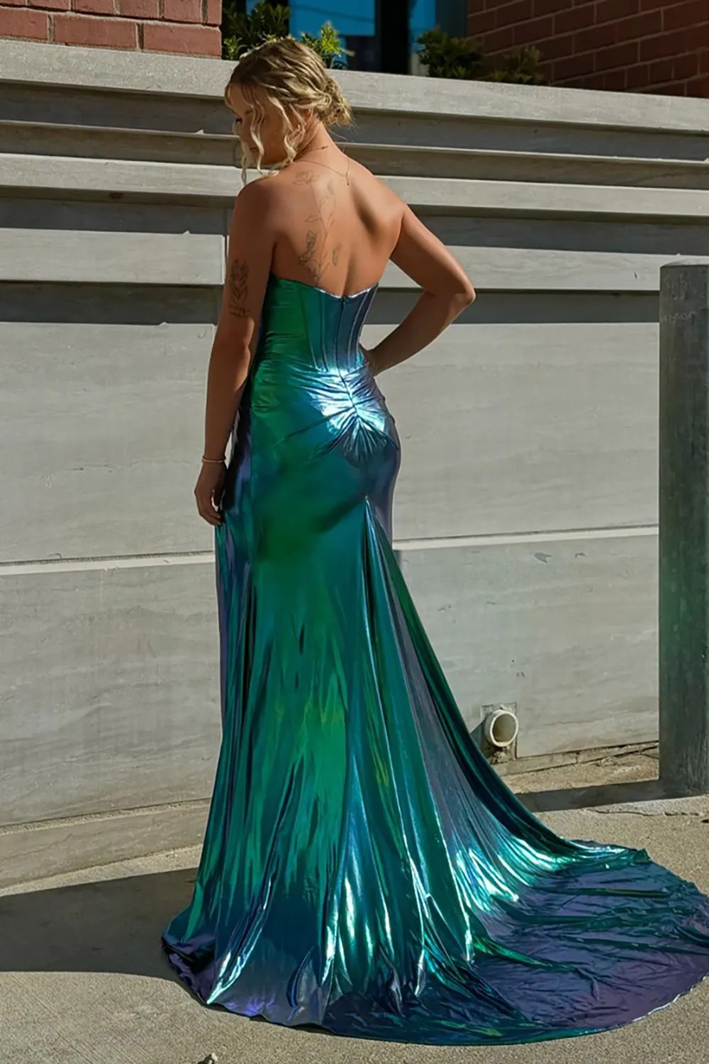 Mermaid Sweetheart Metallic Long Sweep Train Prom Dress with Slit