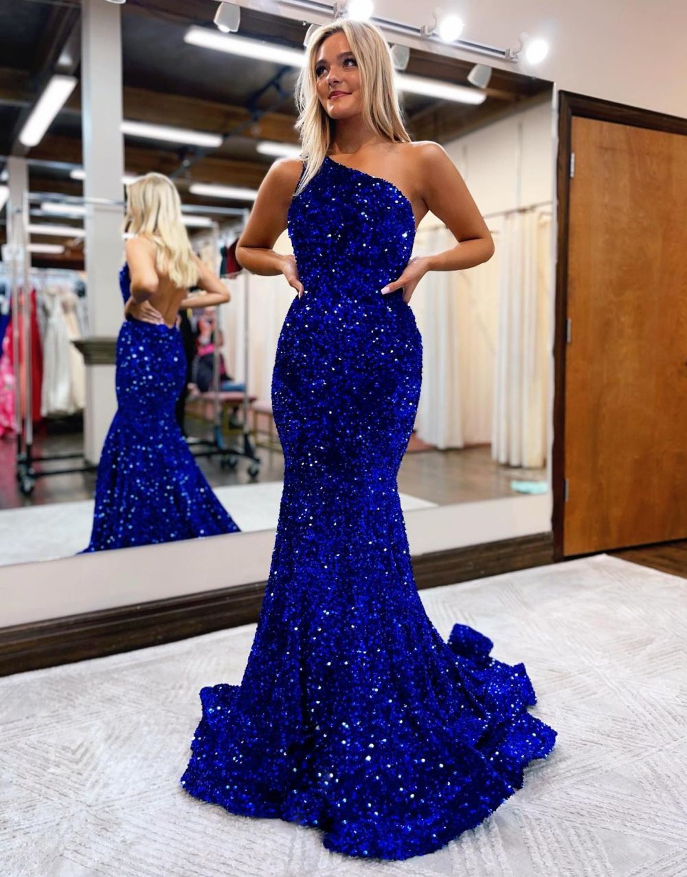 Mermaid One Shoulder Glitter Sequins Prom Dress