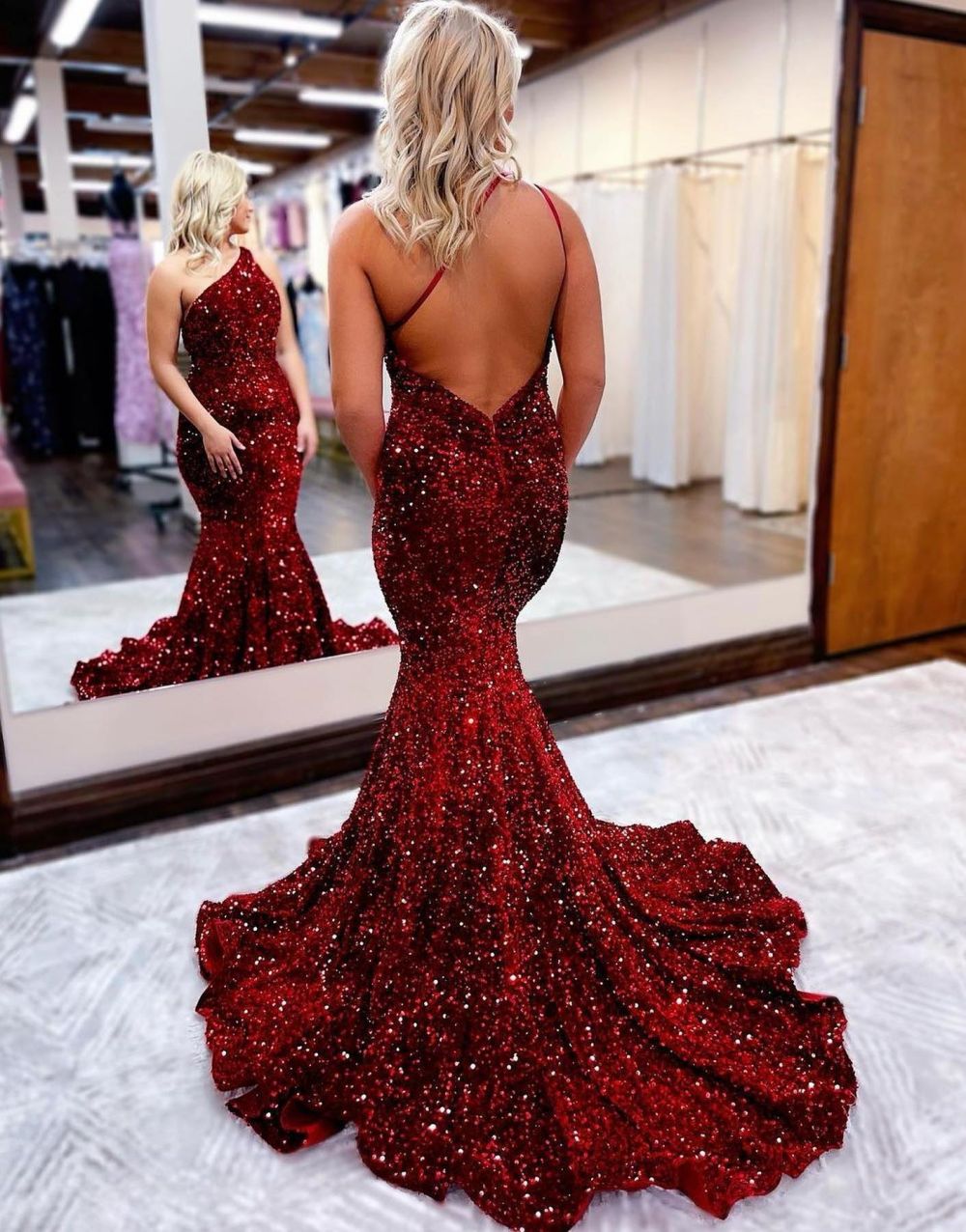 Mermaid One Shoulder Glitter Sequins Prom Dress