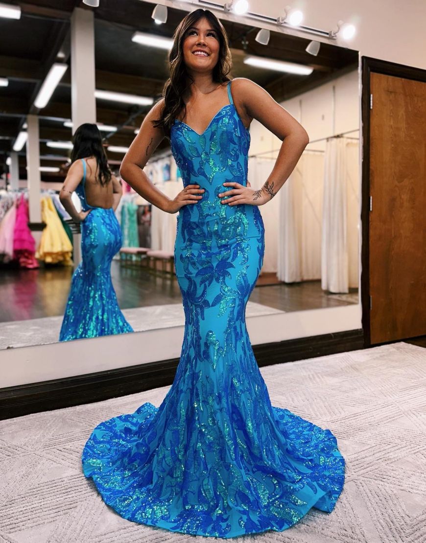 Mermaid Spaghetti Straps Open Back Glitter Prom Dress