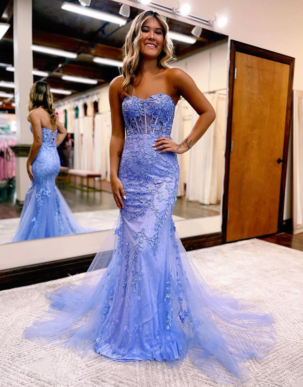 Mermaid Strapless Corset Back Prom Dress With Appliques