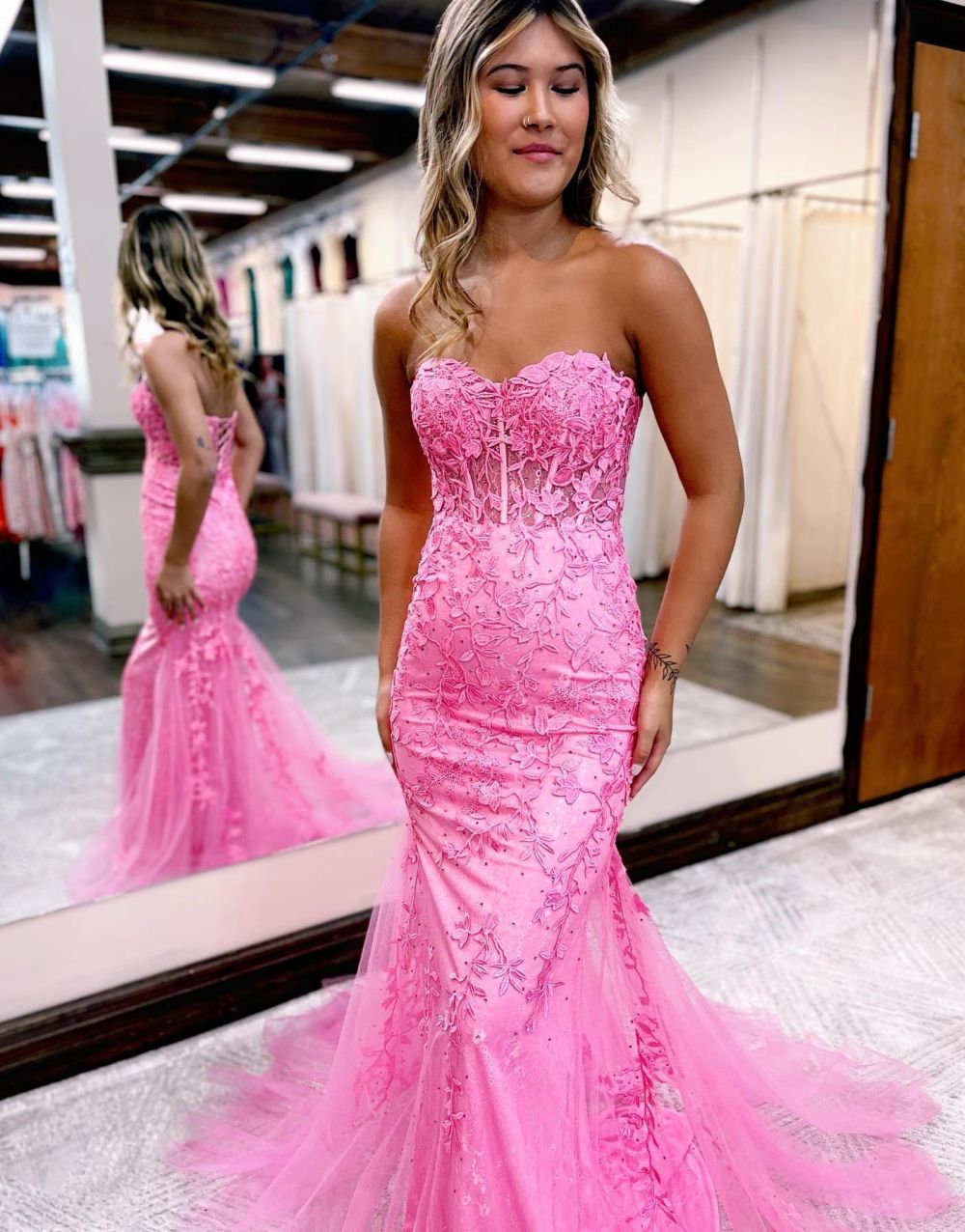 Mermaid Strapless Corset Back Prom Dress With Appliques