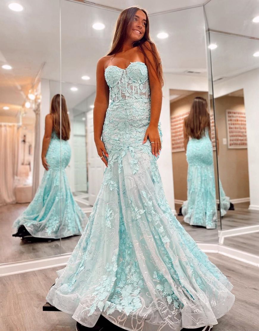 Mermaid Strapless Zipper Back Long Lace Prom Dress