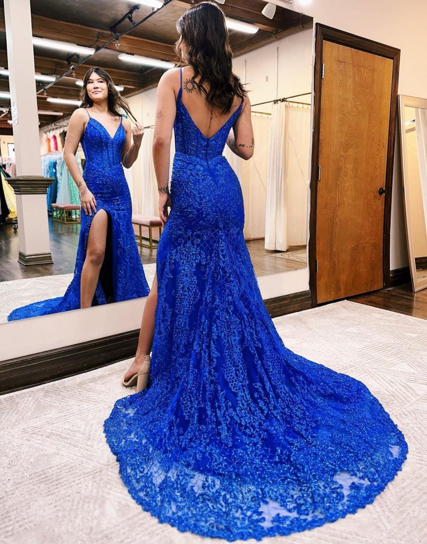Mermaid V-Neck Court Train Long Prom Dress With Split