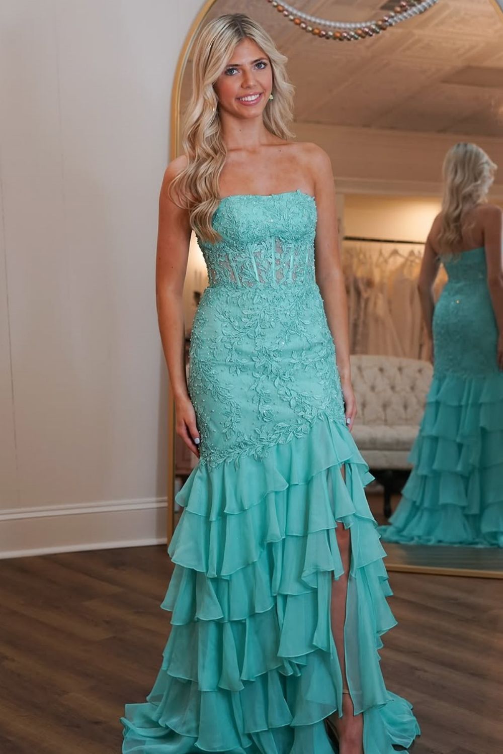 Mint Green Mermaid Strapless Lace Top Long Tiered Prom Dress