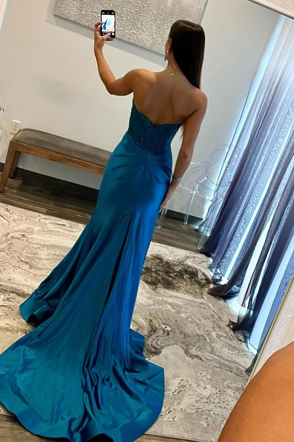 Navy Blue Sweetheart Mermaid Long Satin Prom Dress With Split