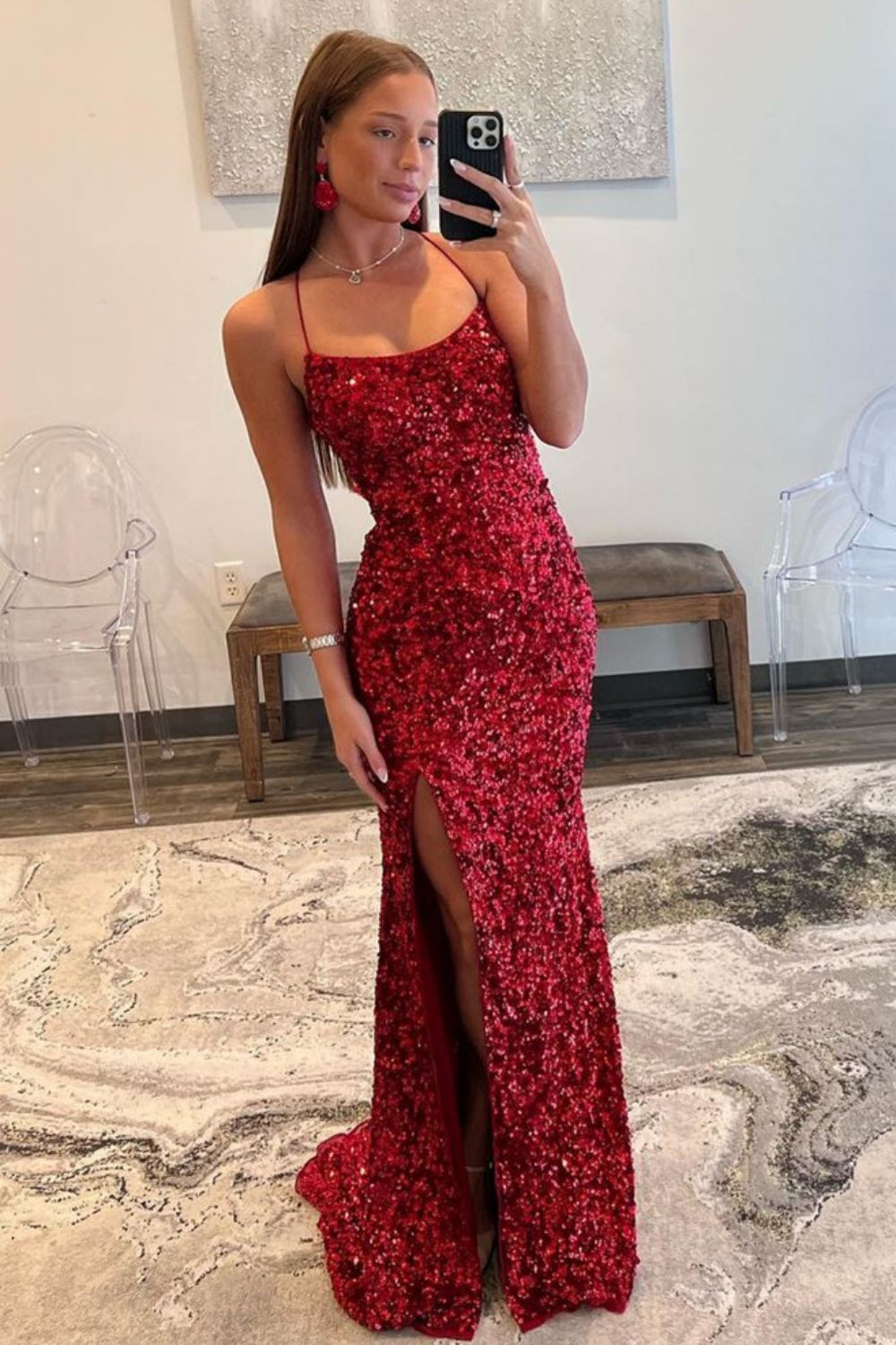 Navy Spaghetti Straps Lace Up Long Sequin Prom Dress With Split