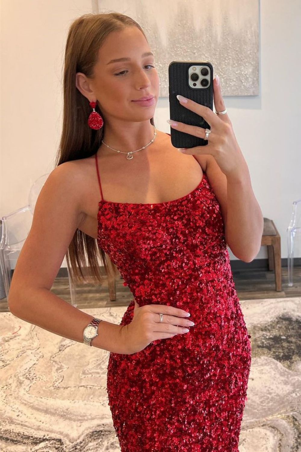 Navy Spaghetti Straps Lace Up Long Sequin Prom Dress With Split