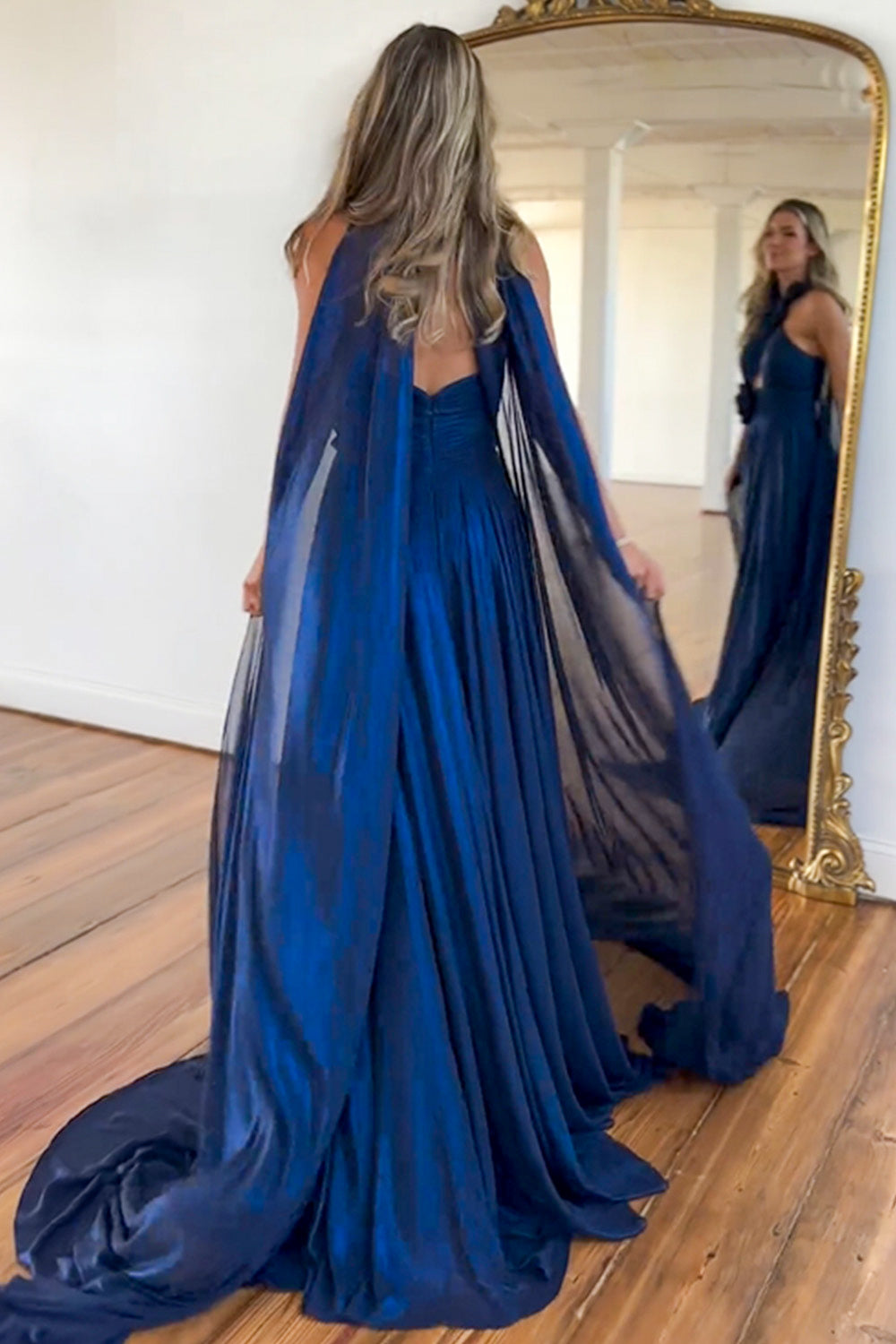 Navy A-Line Halter Neck Long Satin Prom Dress with Ribbons and Slit