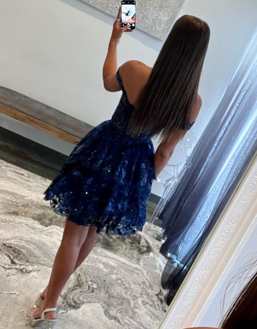 Sparkly Navy A-Line Tiered Homecoming Dress With Appliques