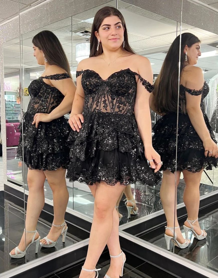 Dark Blue Off The Shoulder A-Line Tiered Short Party Dress