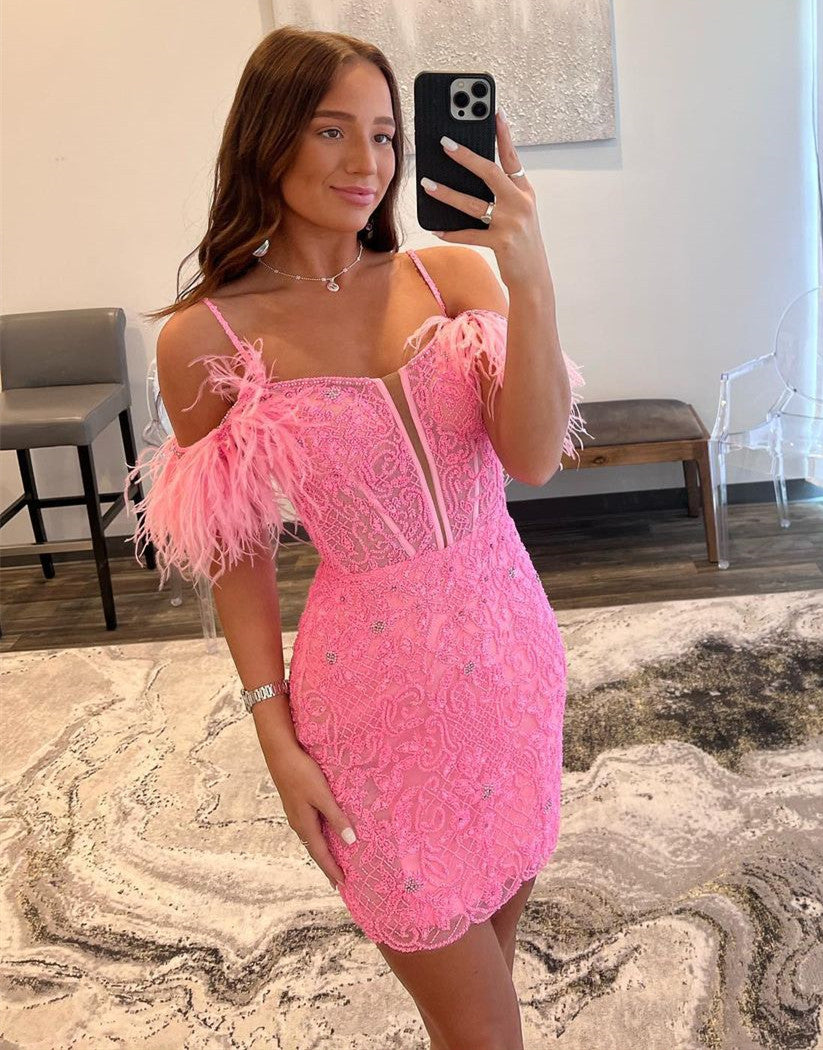 Off The Shoulder Corset Back Homecoming Dress With Feather